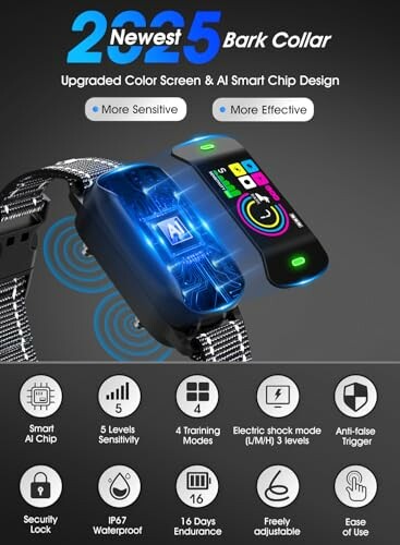 2023 bark collar with upgraded screen and AI chip design, featuring multiple sensitivity levels and training modes.