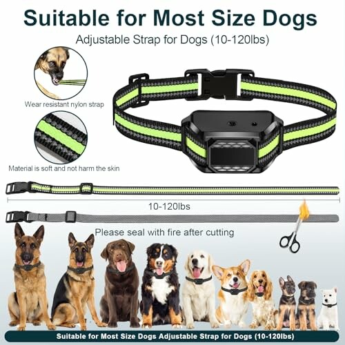 Adjustable dog collar for various sizes with image of dogs.