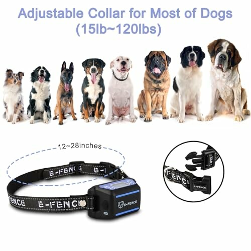 Adjustable dog collar with various breeds in background.