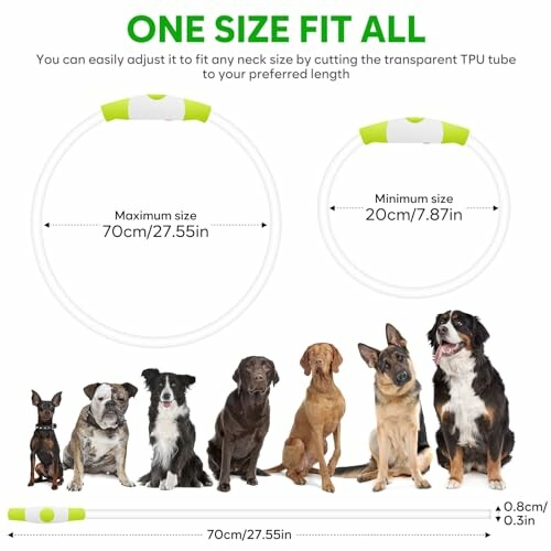 Adjustable pet collar with various dog breeds showing size range from 20cm to 70cm.