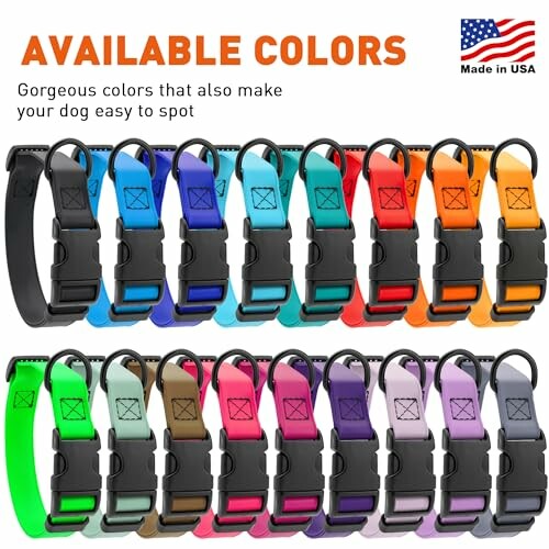 Colorful dog collars displayed in a row with a USA flag.