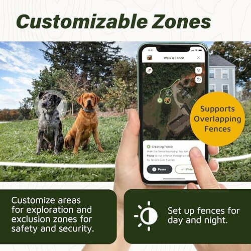 Hand holding phone with customizable pet fence app, two dogs in a yard.