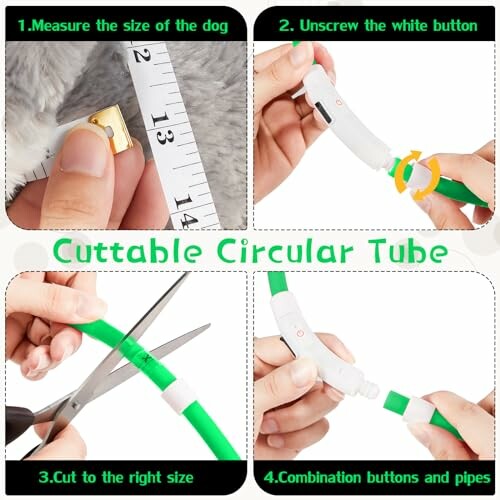 Instructions for using a cuttable circular tube with steps for measuring, unscrewing, cutting, and combining.