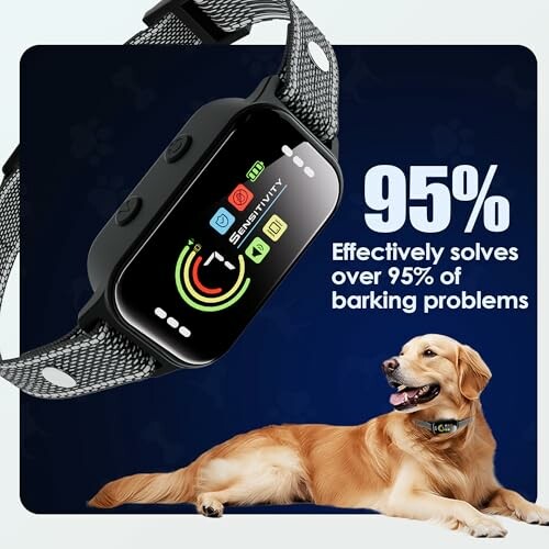 Dog wearing a bark control collar with effectiveness claim.