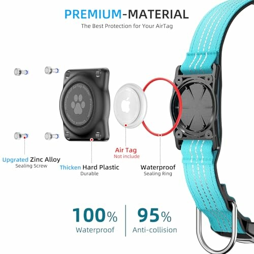 Dog collar with AirTag holder showing waterproof and anti-collision features.
