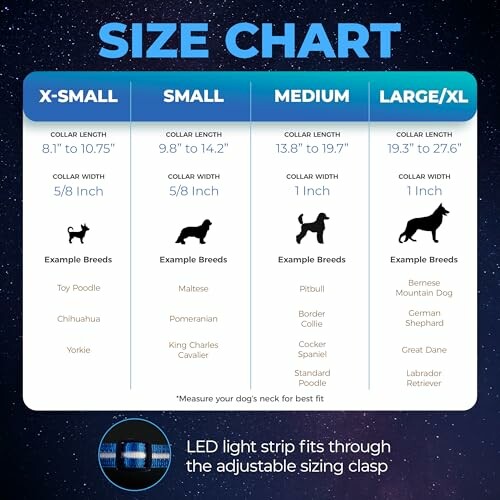 Dog collar size chart for small to large breeds.