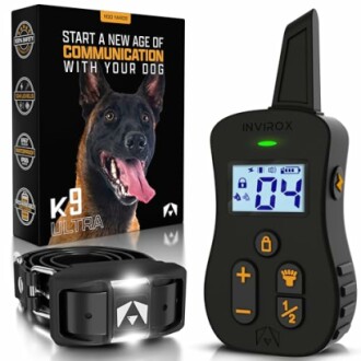 Dog training collar kit with remote control and packaging.