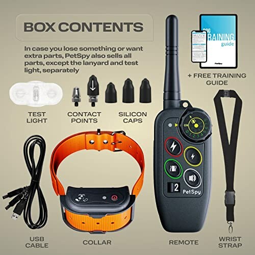 Dog training collar kit with remote, collar, USB cable, test light, contact points, silicon caps, wrist strap, and free training guide.