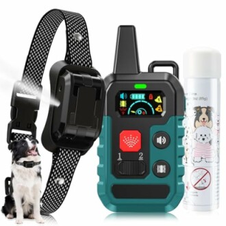 Dog training collar set with remote control and spray can.