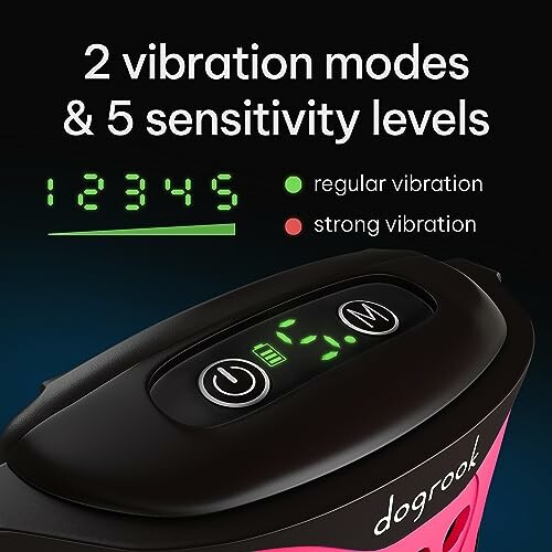 Dog training collar with vibration modes and sensitivity levels.