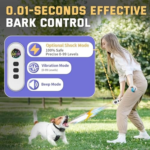 Woman using a bark control device with a dog outdoors.