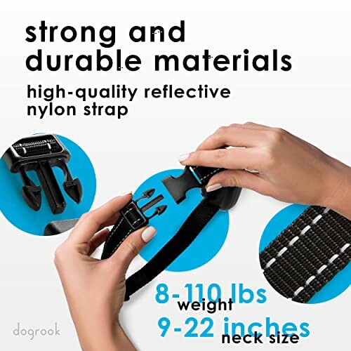 Hands adjusting a reflective nylon dog collar with strong buckle, suitable for 8-110 lbs weight and 9-22 inches neck size.
