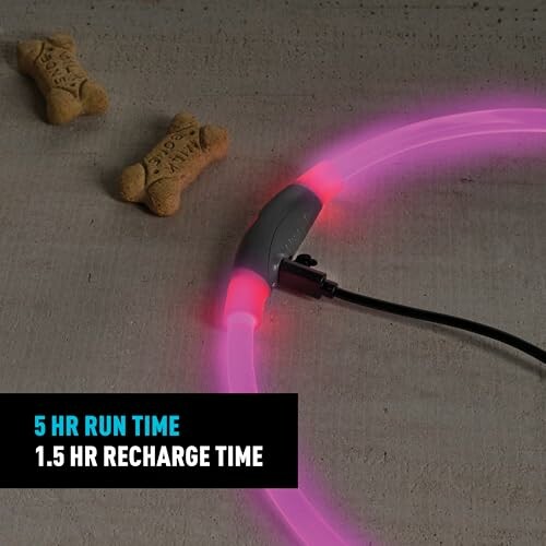 Pink glowing dog collar with treats and text about run and recharge time.
