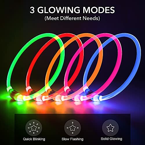 Five colorful glowing dog collars with three modes: Quick Blinking, Slow Flashing, Solid Glowing.