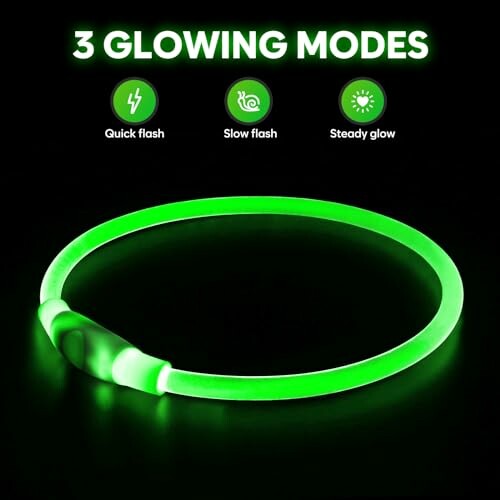 Green glowing pet collar with three modes: quick flash, slow flash, steady glow.