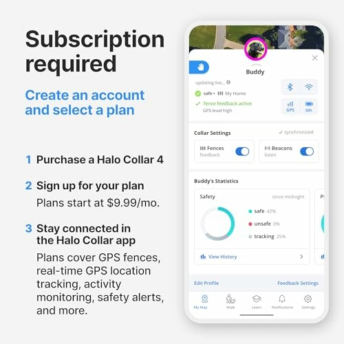 Subscription details for Halo Collar with app interface showing GPS and activity stats.