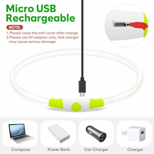 Micro USB rechargeable collar with charging instructions and compatible devices.