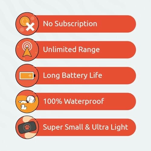 List of pet gadget features including no subscription, unlimited range, long battery life, waterproof, and compact size.