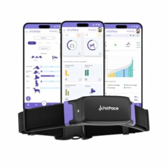 Pet health monitoring device with app displays on smartphones.