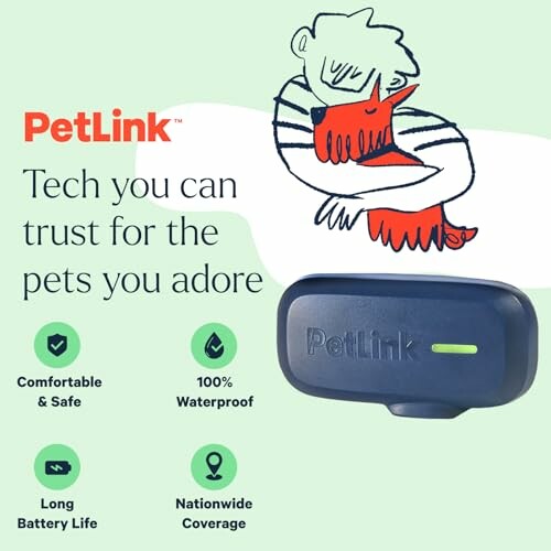 PetLink pet tracker device with features listed.