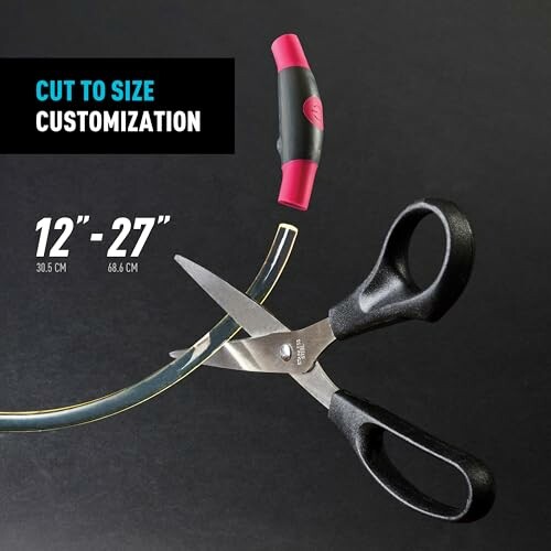 Scissors cutting a flexible measuring tape with customization text.