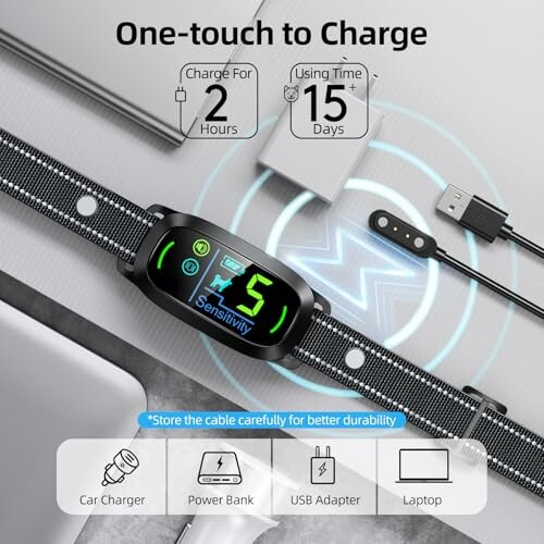 Smart collar charging with USB cable and power sources.