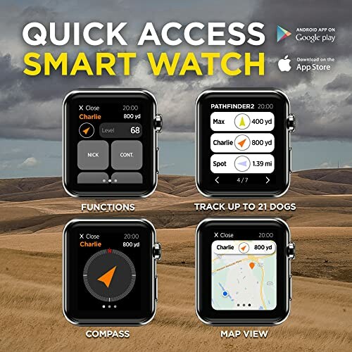 Smart watch with functions for tracking dogs, compass, and map view.