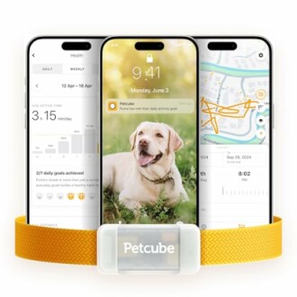 Three smartphones displaying a pet tracking app with a dog, health stats, and a map.
