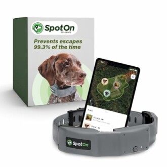 SpotOn GPS fence collar with packaging and smartphone app displaying map.