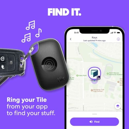 Tile key finder app interface with map on smartphone and Tile device on keyring.