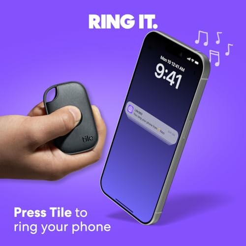 Tile device and smartphone with notification on purple background.