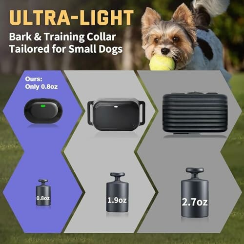 Lightweight bark and training collar for small dogs with weight comparison.
