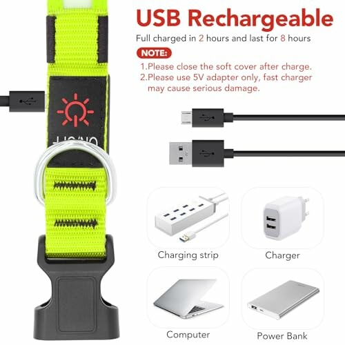 USB rechargeable dog collar with charging cable and devices illustration.