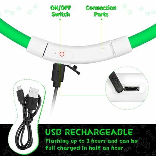 USB rechargeable pet collar with on/off switch and connection parts.