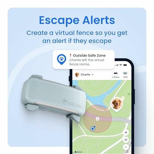 Virtual fence alert on smartphone app for pet safety.