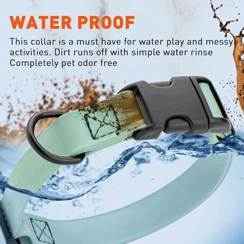 Waterproof dog collar with water splashes and text description.